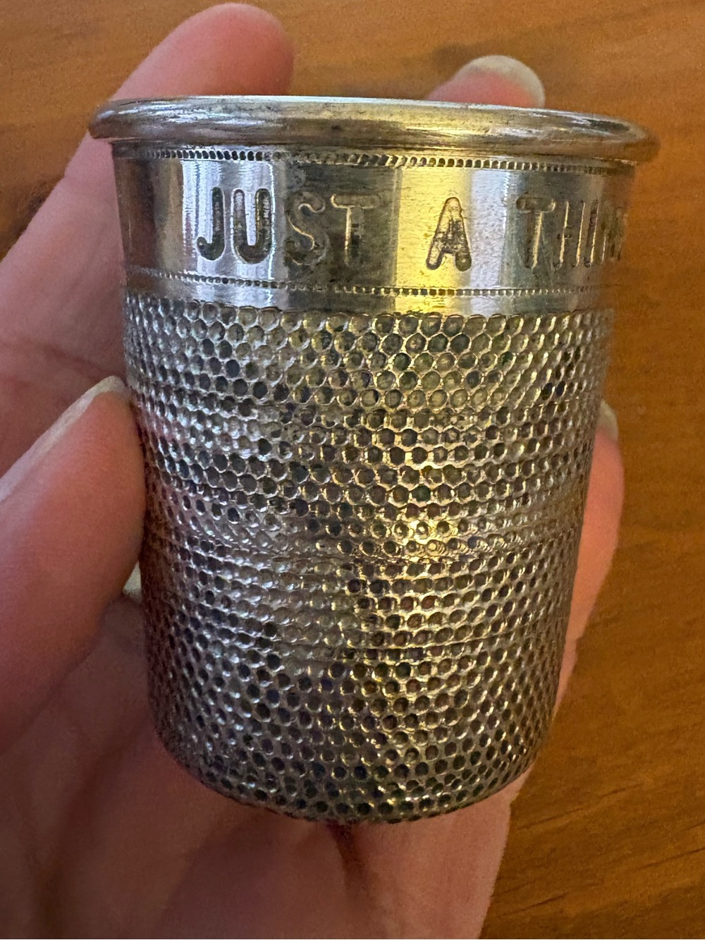 P.H. Vogel & Co Thimble Shaped Shot Glass  “Just A Thimbleful” 2 oz Silverplate
